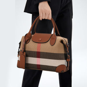 Aidran Exquisite womens bag Boston bag with canvas and leather stitchingRetro plaid handbag for daily commute novelty of 2024