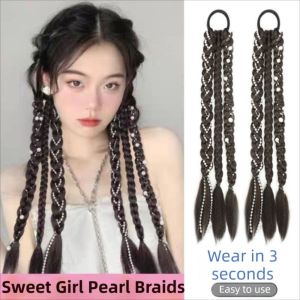 ERYRG 2Pcs Long Pearl Braids Ponytail Extensions Claw Clip 18 Inch Twist Braid Hairpiece Hair Accessories Natural Handmade Braids Pony Tails for Women