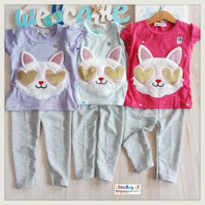Littlekey - Setelan Legging Dan Baju Anak Bayi Perempuan Premium "Glasses Cat" Size S-XL(6 bulan-3 tahun) - Warna Purple, Light Blue, Fanta - Detail Ukuran