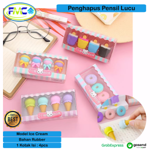Karet Penghapus Pensil Lucu Unik Viral Model Ice Cream Eraser 4 in 1 Karakter Set Karet Hapus Pencil Lolipop Donat Anak Sekolah