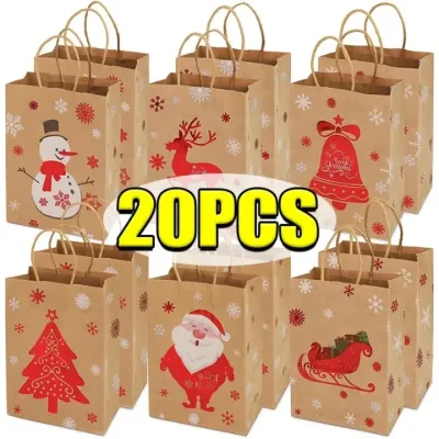 20ชิ้น ถุงของขวัญคริสต์มาส / ถุงกระดาษคราฟท์คริสต์มาสพร้อมหูหิ้ว / ถุงกระดาษห่อขนมคุกกี้สีน้ำตาลลายต้นคริสต์มาส / ถุงกระดาษห่อลายซานตาคลอสและตุ๊กตาหิมะ / ถุงใส่ของใช้ในงานปาร์ตี้คริสต์มาสและบ้านปีใหม่