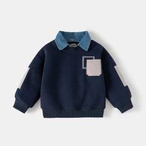 Autumn Winter Ghildren Clothings Boys Layered Fleece Sweatshirt Denim Collar Patch Pocket Warm Pullover Kids Casual Top2026