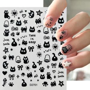 1Pc Cute Cartoon Black Cat Nail Art Stickers Kawaii Animal Dogs Heart Bowknot Stars Self Adhesive Decals Manicure Decoration h260819