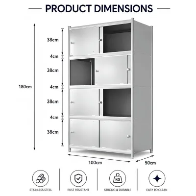 LOADNIX Stainless SteelHeavy Duty Storage Cabinet with Sliding Doors 4-Tier Dustproof Rustproof Kitchen Pantry Organizer Shelf Large Capacity Storage Rack