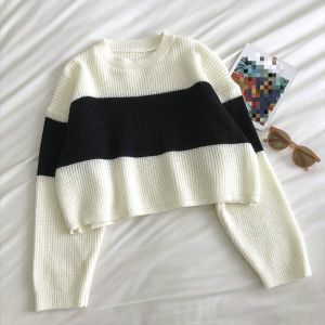 Stripe Sweater Women Vintage O-Neck Contrast Long Sleeve Crop Sweater Loose Autumn New Fashion Pullover Knitwear Female