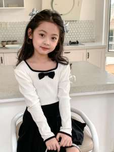 Ambb Kids Áo Bé Gái Tiểu Thư Nơ Cổ Vuông Màu Trắng Dài Tay Viền Đen