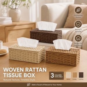 Desktop Tissue Box Rattan Woven Paper Towel Storage Box Large Capacity Tissue Storage Organizer