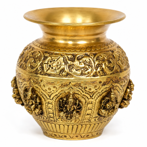 Decorative Brass Pooja Kalash Pot with Embossed Divine Design | Traditional Hindu Prayer & Festive Décor (Pack of 1 pc | Size - 6*4 Inches)
