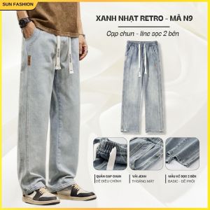 Quần jean quần bò nam nữ ống rộng cạp chun bigsize SUN N9 XANH ĐẬM mặc thoải mái dễ phối đồ phong cách hàn quốc