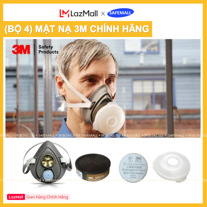Bộ 4 món mặt nạ phòng độc 3M 3200 + Phin lọc 3301K + Tấm lọc 7711 + nắp nhựa 774  - Mặt nạ chống độc, bụi - Dùng phun sơn, phun xịt hóa chất - Hàng Chính Hãng SafeMall
