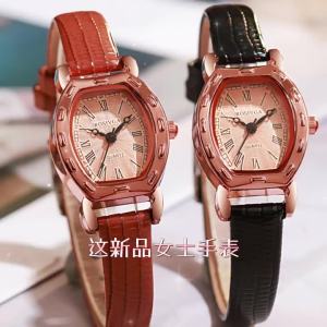 Rose gold barrel-shaped womens watch with brown leather strap stylish and niche for students unique Korean-style trending item.
