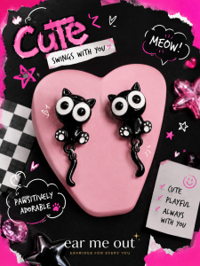 [SG] Cute Black Cat Swing Earrings | Movable Body & Tail Drop Earrings | Fun Quirky Cat Earrings | Playful Jewellery | ear me out (EMO-25)