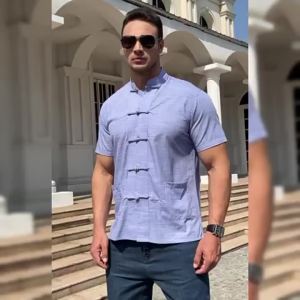 [Plus Size]80-175KG Men Loose Plain Mandarin Collar Short Sleeve Tops Man Casual Big Oversized Pocket Knot Green Blue Tang Shirts