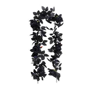 ZYJC Black Halloween Rose Leaf Vines Simulated Flowers 175cm Artificial Rose Vines Gothic Decor Handmade Halloween Garland Halloween Party