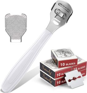 Bộ dụng cụ cạo da chết gồm 50 lưỡi dao 1 dao cạo bằng thép không gỉ và 1 dụng cụ mài da chân tổng cộng 52 món. Bộ dụng cụ loại bỏ da chết ở chân và tay bao gồm dao cạo da chân dùng cho da chai sần kèm theo lưỡi dao thay thế.