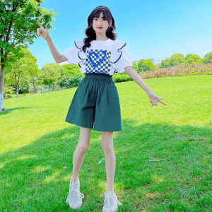 ชุดฤดูร้อนเด็กผู้หญิงเวอร์ชั่นเกาหลีใหม่ของเด็กบางส่วนฤดูร้อนเสื้อผ้าเด็กผู้หญิงขนาดใหญ่แขนสั้นสองชิ้น