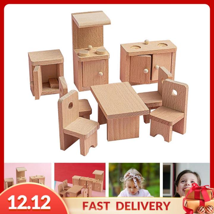Gispark Kid Toy Wooden Furniture Dolls House Miniature 4 Room Set Doll ...