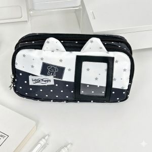 ANANAA with Photo Window Pencil Case Double Layer Polka Dot Puppy Print Pencil Pouch Cute Large Capacity Stationery Bag Gift