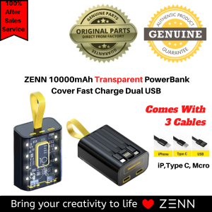 ZENN 10000mAh Power Bank Transparent Cover Fast Charge Dual USB with Built-In 3 Cables