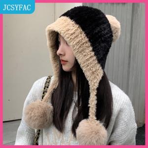 JCSYFAC  Fluffy sang trọng phụ nữ Beanie cap mùa đông ấm áp lớn Pompom dệt kim tai bảo vệ hat Windproof tuyết trượt tuyết nữ earmuffs mũ