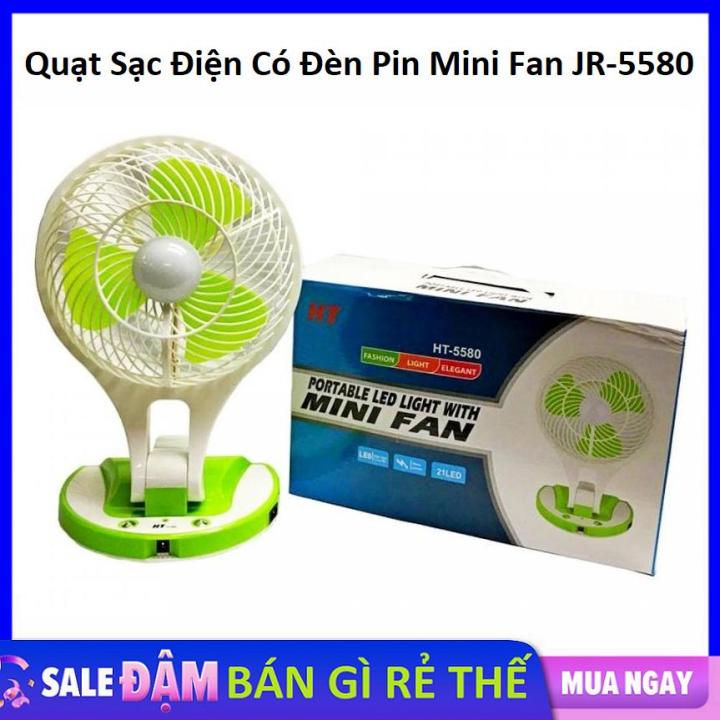 Quạt sạc tích điện Mini Fan JR 5580 2 cấp độ gió có đèn led ,Quạt sạc