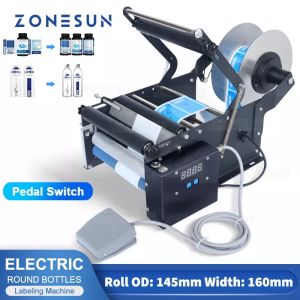 ZONESUN ZS-TB16P Electric Round Bottle Labeling Machine 160mm Label Roll Semi-Auto Sticker Applicator for Cosmetic Glass Bottle Jar Tube Can Vial Packaging