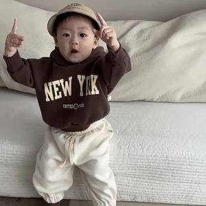 Baby boys autumn and winter clothing Korean-style childrens outfit infant hooded thickened sweatshirt and long pants two-piece set