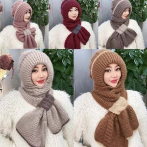 WININ Patchwork Design Knitted Hat Scarf Set Windproof Fleece Lined Hooded Scarf Hat Casual Thick Knit Thermal Winter Headwear For Women
