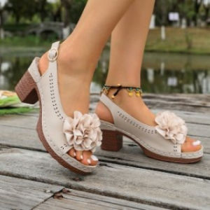 Free Shipping Specializing In Retro-Style Floral Sandals Soft Leather Chunky Heel Square-Toe Peep-Toe Shoes Available In Large Sizes 35-43 In Stock Now
