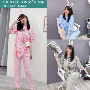 Set Đồ Bộ Thun Mặc Nhà Cho Nữ Áo Phom Rộng Quần Suông Dài Họa Tiết Gấu