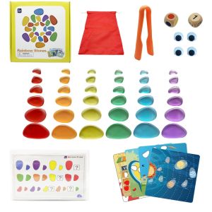 Rainbow Transparent Pebbles Stacking Block Teaching Aids Toy 跨境Pebbles实色透明彩虹鹅卵石幼儿园早教玩具教具盒装彩色积木