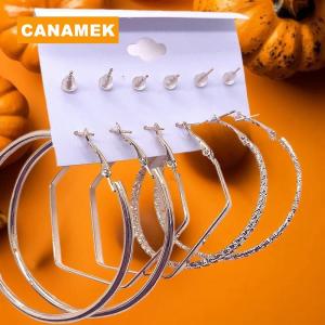【CANAMEK】 6 Pair Fashionable Alloy Circle Earrings Womens Stud Earrings Attractive Multi-Element Jewelry Set Elegant Ear Jewelry