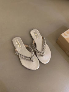 [Free Shipping] Flat-Bottomed Rhinestone Sandals For Outdoor Wear 2026 Summer New Model Round Toe Suitable For Pairing With Skirts Silver Sandals