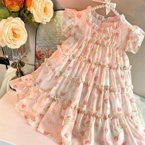 Dress Anak Perempuan Peach Flower Renda Pita Belakang Tanpa Lengan Fashion