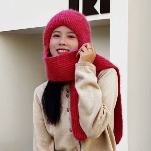VB45D Skullies Cute Knitted scarf Neck Warm Hats Bib Windproof Ear Protective Solid Color Winter Warm Hat Hats Scarf Sets Women Hat Beanie Cap Knitted Hat