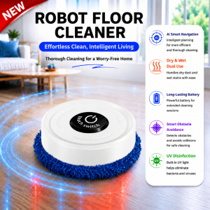 Robotic floor cleaner. Features include long battery life UV sterilization disinfection mosquito repellent spray and automatic obstacle avoidance