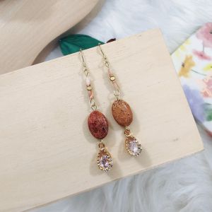 Made-to-Order SG - Gold Coral Fossil Stone Teardrop Crystal Dangle Earrings Handmade Crystal Dangle Earrings