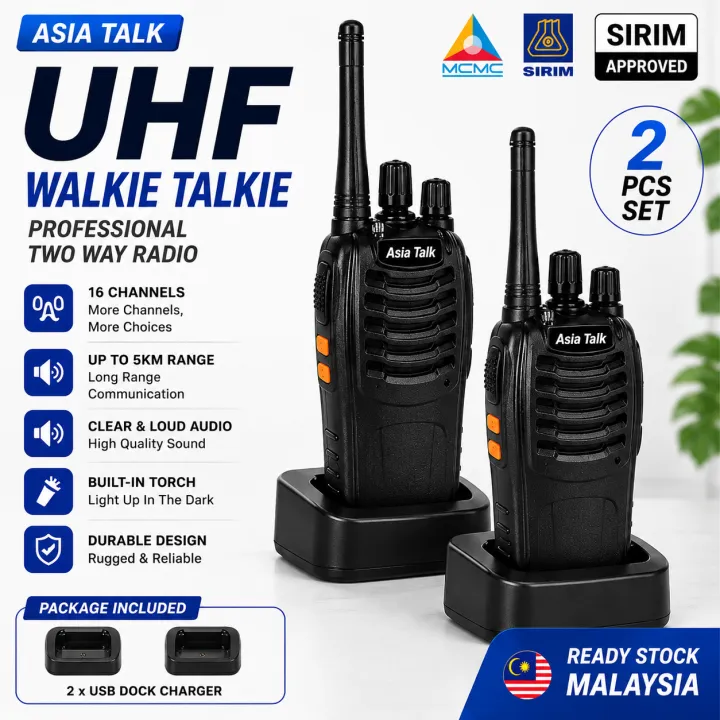 SIRIM APPROVED UHF Walkie Talkie 400-450mHz 16 Channel Type C Rechargerable Radio ASIA TALK walkie talkie baofeng security restaurant