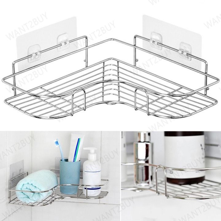 🇲🇾 Stainless Steel Bathroom Corner Storage Rack Free Punch Kitchen ...