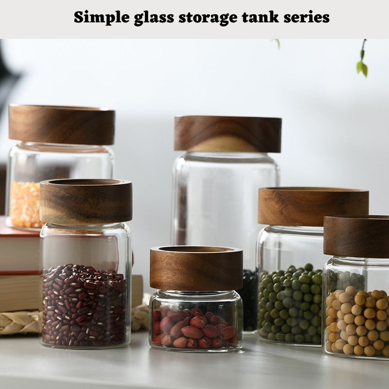 Tarro de vidrio con tapa de madera, recipiente hermético para especias y alimentos secos._voghion.com
