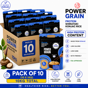 Power Grain Premium Protein Shirataki Konjac Rice - High Protein Content - Low Calorie - Low Carb - Keto Friendly - FDA Approved - Pack of 10 - 10kg Total