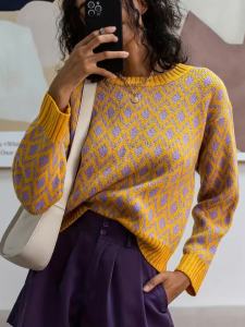 2026 New Argyle Knit Pullover Women Classic Plaid Long Sleeve Crew Neck Loose Casual Elegant Daily Knit Sweater Top2026
