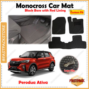 TRAPMAT For Perodua Ativa MONOCROSS Car Mat Customize Car Floor Mat Kereta Pelapik Kaki Waterproof Anti Slip DIY Black Base with Red Lining FREE Car Brand Logo Full Set Karpet