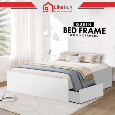 ⚡️LIKE BUG⚡️Snow Series Queen Bedframe with 2 Drawers | Wooden Queen Bedframe with Headboard | Katil kayu Queen | Queen Bedframe