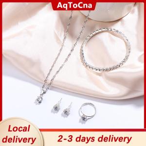 [COD] AqToCna Ship within 24 hours Luxury Women Ring Necklace Earrings Rhinestone Bracelet Female Casual Ladies Jewelry Set