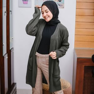 OUTFIT RAJUT Long Kardigan Wanita Lengan Panjang Motif Saku Belle Knitwear