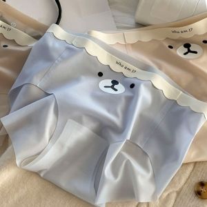KSHU7 5Pcs Cartoon Ice Silk Briefs Mid Waist Ultra-thin Underwear Women Kawaii Elastic Bear Seamless Panties Summer
