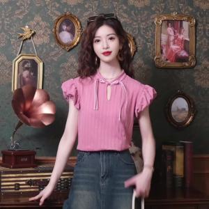 Ammin 2024 mùa hè mới của Trung Quốc nút Hollow-out cổ áo ngắn tay áo voan phụ nữ ngọt ngào tay áo phồng đơn giản màu Trơn Áo Blouse thanh lịch