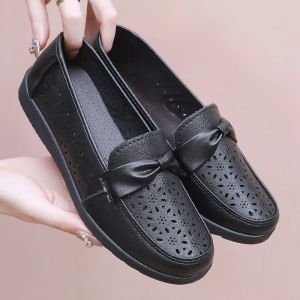 Ielgy Xăng đan da đế phẳng mềm mại thoáng khí rỗng rỗng chống trượt cho nữ mùa hè