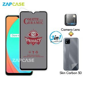 Paket 3in1 Anti Gores Layar Privasi Realme C11 Free Tempered Glass Camera dan Skin Carbon
